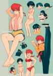  bandana barefoot bikini blue_hair braid braided_ponytail breast_envy heart hibiki_ryouga highres invisible_chair p-chan pig ranma-chan ranma_1/2 red_hair short_hair sitting swimsuit tendou_akane toes variations yellow_bandana yonban_(pls_type_urname) 