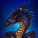 adalfyre_(character) ambiguous_gender black_body black_horn black_scales blue_eyes christmas dragon feral glowing gold_(metal) gold_jewelry gold_markings gold_scales headshot_portrait holidays horn jewelry markings portrait scales selianth solo space star