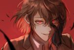  1boy akechi_gorou asymmetrical_eyes black_feathers black_gloves brown_coat brown_hair coat collared_shirt commentary empty_eyes evil_grin evil_smile falling_feathers feathers gloves glowing glowing_eyes grin hair_between_eyes hand_on_own_face hoshimiya_(ln_mew) long_sleeves looking_at_viewer male_focus persona persona_5 portrait red_background red_eyes shirt short_hair simple_background smile smirk solo three_quarter_view white_shirt wing_collar 