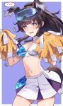  1girl absurdres animal_ears black_hair blue_archive blush breasts cleavage cowboy_shot detached_collar dog_ears dog_tail extra_ears eyewear_on_head flying_sweatdrops grey_eyes halterneck hands_up hibiki_(blue_archive) hibiki_(cheer_squad)_(blue_archive) highres looking_at_viewer midriff millennium_cheerleader_outfit_(blue_archive) motion_lines navel pleated_skirt pom_pom_(cheerleading) safety_glasses shedar sidelocks simple_background skirt solo speech_bubble spoken_blush tail wavy_mouth 