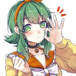  1girl alternate_costume bow bowtie choker green_hair green_nails gumi hair_bow highres mai_mugi ok_sign orange_bow orange_sailor_collar sailor_collar shirt short_hair sidelocks signature simple_background solo vocaloid white_background white_bow white_bowtie yellow_shirt 