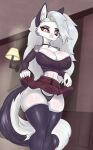 angry anthro big_breasts black_tail breasts canid canid_demon canine canis clothed clothing demon female fur grey_body grey_fur grey_hair hair hellhound helluva_boss hi_res huge_breasts humanoid long_hair loona_(helluva_boss) male male/female mammal panties partially_clothed rahitoshi red_eyes solo tail thick_thighs underwear white_body white_breasts wolf