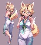  1girl :3 animal_ears blonde_hair breasts cleavage double_fox_shadow_puppet fangs fox_ears fox_girl fox_shadow_puppet fox_tail green_ribbon kudamaki_tsukasa midriff_peek ribbon romper shimizu_pem simple_background sleeveless smile solo tail touhou white_romper yellow_eyes 