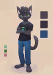  2020 anthro ashram_(dxashram) black_body black_fur bottomwear clothed clothing crossed_arms domestic_cat elodoart eyewear felid feline felis fur glasses green_eyes hi_res jeans male mammal model_sheet pants shirt solo standing topwear 