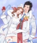  1boy 1girl aerith_gainsborough aerith_gainsborough_(fairy_of_snowfall) aqua_nails belt belt_buckle black_hair blue_eyes blue_necktie breasts breath brown_hair buckle candy candy_cane christmas coat commentary couple cowboy_shot cross_scar crylin6 dress english_commentary final_fantasy final_fantasy_vii final_fantasy_vii_ever_crisis final_fantasy_vii_remake fingerless_gloves flower food fur-trimmed_coat fur_trim gloves green_eyes hair_slicked_back hand_on_another&#039;s_hip highres holding holding_candy holding_candy_cane holding_food light_blush lips looking_at_viewer necktie official_alternate_costume open_clothes open_coat pants parted_bangs parted_lips pink_ribbon red_pants red_vest ribbon scar scar_on_cheek scar_on_face short_dress sidelocks small_breasts snowing spiked_hair sweater sweater_dress turtleneck turtleneck_sweater vest white_coat white_gloves winter_clothes winter_coat yellow_flower zack_fair zack_fair_(holiday_suit) 