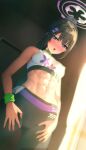  1girl abs absurdres blue_archive blush covered_nipples flower hair_flower hair_ornament hair_scrunchie halo highres midriff navel pants ponytail scrunchie sportswear sumire_(blue_archive) sweat tropic-mango-juice wristband yoga_pants 