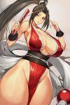  1girl absurdres arm_guards bare_shoulders blush breasts brown_eyes brown_hair cleavage curvy fatal_fury folded_fan folding_fan gurimjang hand_fan high_ponytail highres holding holding_fan japanese_clothes large_breasts long_hair looking_at_viewer ninja pelvic_curtain plump ponytail revealing_clothes rope shiranui_mai sideboob smile snk solo the_king_of_fighters thighs 