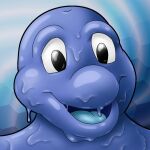 1:1 abstract_background anthro blowhole blue_body blue_goo blue_skin blue_slime cetacean dolphin dripping goo_creature hybrid male mammal marine melting oozing portrait slime smile solo swizy tongue toony toony_eyes toothed_whale wet wet_body