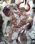  1boy :d abs bald bara beard beckoning biceps body_fur bulge cowboy_shot dark-skinned_male dark_skin draph facial_hair flexing forked_eyebrows fundoshi ghandagoza granblue_fantasy hachimaki headband highres horns huge_eyebrows japanese_clothes large_horns large_pectorals looking_at_viewer male_focus mature_male muscular muscular_male mutton_chops navel nipples old old_man onionworkshop outstretched_hand paid_reward_available pectorals reaching reaching_towards_viewer red_horns smile solo stomach thick_chest_hair thick_navel_hair thick_thighs thighs tied_beard topless_male veins veiny_arms water waterfall wet wet_clothes wet_fundoshi 