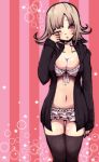  1girl :o bikini black_thighhighs blush breasts brown_hair cleavage danganronpa_(series) danganronpa_2:_goodbye_despair grey_bikini hand_up jacket large_breasts layered_bikini manda_(monday) medium_hair nanami_chiaki navel open_clothes open_jacket pink_background pink_eyes shiny_skin skindentation solo stomach striped_background swimsuit thighhighs 