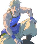  1boy bare_shoulders blonde_hair blue_eyes blue_tank_top blue_wrist_cuffs boots earrings facial_hair final_fantasy final_fantasy_vi garbage_paper highres jewelry male_focus muscular muscular_male pants ponytail sabin_rene_figaro sitting tank_top waist_sash white_background wrist_cuffs yellow_pupils 