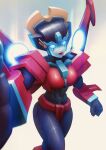  1girl blue_eyes breasts glowing glowing_eyes highres humanoid_robot looking_at_viewer mechanical_wings medium_breasts mrgoogone panties red_lips red_panties robot simple_background solo transformers underwear white_background windblade wings 