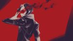  1boy absurdres black_jacket commentary from_side gloves hand_up highres jacket limited_palette long_sleeves looking_ahead male_focus parted_lips persona persona_5 persona_5:_the_phantom_x red_background red_gloves red_mask red_theme short_hair simple_background solo tenshuu93 upper_body wide_shot wonder_(p5x) 