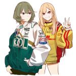 2girls absurdres blonde_hair cosplay crossover dhl english_commentary fedex green_hair green_jacket highres holeecrab honda idolmaster idolmaster_cinderella_girls indycar_series jacket kitagawa_marin looking_at_viewer looking_to_the_side mole mole_under_eye multicolored_clothes multicolored_jacket multiple_girls parted_lips paul_tracy paul_tracy_(cosplay) racing_suit red_eyes romain_grosjean romain_grosjean_(cosplay) short_hair smile sono_bisque_doll_wa_koi_wo_suru takagaki_kaede upper_body v white_background white_jacket yellow_jacket 