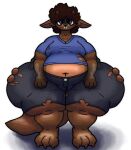 absurd_res anthro belly_overhang big_butt big_feet bottomwear brown_hair buckteeth butt claws clothing digital_drawing_(artwork) digital_media_(artwork) dominogooper facial_markings feet floppy_ears front_view glistening glistening_eyes hair head_markings hi_res horn huge_butt huge_thighs hyper hyper_butt hyper_thighs jikkemon male markings mask_(marking) osco_(dominogooper) purple_eyes shorts smile smiling_at_viewer solo solo_focus stubble tail teeth thick_tail thick_thighs torn_clothing wide_hips