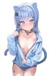  1girl animal_ears bandaid_on_chest bandaid_on_stomach bandaid_on_wrist blue_eyes blue_hair blue_jacket blush breasts cat_ears cat_girl cat_tail collar colored_inner_hair embarrassed fang highres indie_virtual_youtuber jacket kanzarin kanzarin_(vtuber) long_sleeves looking_at_viewer medium_hair multicolored_hair nervous_smile no_bra no_pants partially_unzipped pink_hair small_breasts smile sweat tail thighhighs track_jacket two-tone_hair unzipping white_thighhighs 