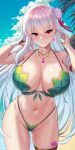  1girl absurdres arm_strap ass_visible_through_thighs bare_shoulders bikini blush breasts cleavage collarbone commentary cowboy_shot earrings fate/grand_order fate_(series) flower green_bikini hair_flower hair_ornament hands_in_hair hands_up highleg highleg_bikini highres jewelry kama_(fate) kama_(swimsuit_avenger)_(fate) kama_(swimsuit_avenger)_(second_ascension)_(fate) kook large_breasts long_hair looking_at_viewer navel outdoors parted_lips red_eyes smile solo stomach swimsuit thighlet thighs 