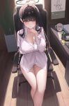  1girl arm_under_breasts bare_legs black_hair black_halo blue_archive blush bottomless breasts bright_pupils buttons chair cleavage collared_shirt commentary crossed_ankles feet_out_of_frame hair_behind_ear halo hand_on_own_chin highres large_breasts long_hair long_sleeves looking_at_viewer melt_(melt_out1) naked_shirt no_bra no_panties office_chair on_chair open_clothes open_shirt partially_unbuttoned red_eyes revision rio_(blue_archive) shadow shirt sitting solo swivel_chair thighs unbuttoned_sleeves white_pupils white_shirt wooden_floor 