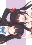  1girl 2girls :d :q bare_shoulders bell black_gloves black_jacket blue_bow blunt_bangs bow collarbone commentary dark_persona dual_persona evie_(evuuie) flower_tattoo gloves hair_intakes hair_ornament hairpin honkai:_star_rail honkai_(series) jacket jingle_bell long_hair long_sleeves mole mole_under_eye multiple_girls neck_bell purple_background red_eyes shirt shoulder_tattoo sidelocks sideways simple_background smile sparkle_(honkai:_star_rail) tattoo teeth tongue tongue_out two-tone_background upper_body upper_teeth_only white_background white_shirt 