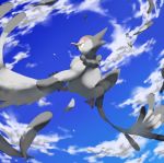  bird bird_focus blue_sky brown_eyes claws cloud cloudy_sky commentary creature day english_commentary flying full_body gen_5_pokemon no_humans outdoors pinkgermy pokemon pokemon_(creature) signature sky solo tranquill 