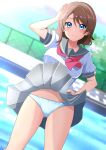  1girl absurdres blue_eyes blush breasts brown_hair commentary_request commission grey_sailor_collar grey_skirt hand_on_own_hip highres kisaragi_setsu_(mssk8485) light_blush looking_at_viewer love_live! love_live!_sunshine!! medium_breasts necktie panties pixiv_commission pleated_skirt pool red_necktie sailor_collar salute school_uniform serafuku shirt short_hair short_sleeves skirt smile solo underwear uranohoshi_school_uniform watanabe_you white_panties white_shirt wind wind_lift 