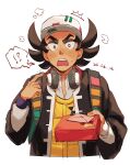  !? 1boy baseball_cap black_eyes black_hair blush box bright_pupils collared_shirt dated giacomo_(pokemon) gift gift_box hat headphones highres holding holding_box holding_gift jacket male_focus nuinu_nui pointing pointing_at_self pointy_hair pokemon pokemon_sv shirt speech_bubble team_star valentine white_pupils 