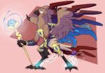 anthro avian avian_demon chaos_daemon daemon_of_tzeentch demon feathered_wings feathers glowing glowing_eyes hawkward kazenishi looking_at_viewer lord_of_change magic magic_staff magic_user male simple_background solo spiked_wings steam tentacles_from_body tentacles_from_wings warhammer_(franchise) warhammer_40000 wings