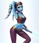  1girl aayla_secura alien arm_behind_head armpits blue_lightsaber blue_skin breasts brown_eyes brown_pants brown_shirt colored_skin crop_top energy_sword highres holding_lightsaber lekku_(anatomy) lightsaber looking_at_viewer navel pants shirt simple_background single_sleeve small_breasts solo star_wars sword tight_clothes tight_pants twi&#039;lek twinji weapon white_background 