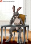 absurd_res anthro barefoot big_feet biped breasts chair condom countershade_feet countershade_hands countershading digital_media_(artwork) digitigrade disney eyes_closed feet female fingers fur furniture genitals grey_body grey_fur hi_res holding_condom holding_object judy_hopps lagomorph leporid long_ears looking_at_viewer mammal mohrlex nipples nude one_eye_closed paws presenting presenting_pussy purple_eyes pussy rabbit sexual_barrier_device sitting small_breasts smile smiling_at_viewer solo spread_legs spreading table unused_condom white_body white_fur window wink winking_at_viewer zootopia