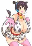  1girl animal_ears animal_print bare_shoulders bell belt belt_collar blush breasts brown_eyes brown_hair cleavage clenched_hand collar collarbone cow_ears cow_horns cow_print cow_tail cowbell cowboy_shot crop_top cropped_shirt detached_sleeves dot_nose fake_animal_ears fake_horns fake_tail gloves hands_up headset horns idolmaster idolmaster_cinderella_girls idolmaster_cinderella_girls_starlight_stage kitsune_choukan large_breasts looking_at_viewer miniskirt navel neck_bell oikawa_shizuku open_hand open_mouth pink_gloves pink_thighhighs pleated_skirt print_shirt print_skirt print_sleeves reaching reaching_towards_viewer red_belt shirt short_hair simple_background skirt smile solo standing tail thighhighs white_background zettai_ryouiki 