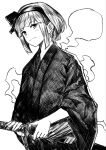  1girl blunt_bangs bob_cut closed_mouth hairband highres holding holding_sword holding_weapon japanese_clothes kimono konpaku_youmu konpaku_youmu_(ghost) monochrome ribbon sen_(daydream_53) solo sword touhou upper_body weapon yukata 