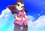  1girl black_bodysuit blue_jacket blue_sky bodysuit breasts brown_hair cloud cropped_jacket crotch_plate dress earrings gloves green_eyes jacket jewelry kaidou_zx looking_at_viewer medium_hair mega_man_(series) mega_man_legends_(series) open_mouth pink_dress pink_gloves skull_earrings sky small_breasts smile solo tron_bonne_(mega_man) 