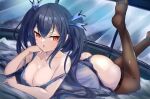  arm_support ass babydoll bed_sheet bimmy blue_hair blue_ribbon breasts brown_thighhighs cleavage collarbone commentary dot_nose frown hair_between_eyes hair_ribbon highres large_breasts light_brown_hair long_hair looking_at_viewer lying neptune_(series) night night_sky noire_(neptunia) on_bed on_stomach open_mouth red_eyes ribbon shadow sidelocks skindentation sky the_pose thighhighs thong twintails very_long_hair window 