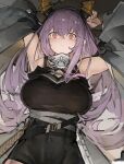  1girl absurdres arknights arm_up breasts covered_navel highres horns jumbowhopper large_breasts long_hair lying on_back purple_eyes purple_hair typhon_(arknights) 