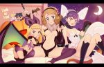  3girls :d animal_ears ass black_gloves black_hairband black_legwear black_leotard blonde_hair blue_eyes blush bra breasts character_doll cleavage closed_mouth crescent_moon demon_girl demon_horns demon_tail demon_wings eureka_(pokemon) fake_animal_ears fake_horns fake_wings fang gazing_eye gloves hairband halloween halloween_costume highres holding horns kneehighs leotard looking_at_viewer medium_breasts millefeui_(pokemon) moon mouth_hold multiple_girls open_mouth panties pokemon pokemon_(anime) pokemon_xy_(anime) purple_bra purple_hair purple_legwear purple_panties purple_sky purple_wings red_eyes revealing_clothes serena_(pokemon) shiny shiny_hair shiny_skin short_hair sitting sky small_breasts smile star_(sky) starry_sky strapless strapless_leotard succubus tail thighhighs trick_or_treat underwear white_leotard wings 