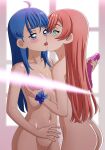  2girls blue_eyes blush breasts censored dildo double_dildo grabbing grabbing_another&#039;s_breast green_eyes highres hirogaru_sky!_precure kiss multiple_girls navel nijigaoka_mashiro nude precure red_hair saliva sex_toy sora_harewataru standing tooo yuri 