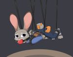  anthro ball_gag bdsm bondage bound buckteeth disembodied_hand disney female gag half-closed_eyes hand_on_butt hand_on_tail judy_hopps lagomorph leporid looking_at_viewer mammal narrowed_eyes nivek15 rabbit rope rope_bondage solo suspension teeth zootopia 