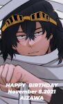  1boy absurdres black_hair bloodshot_eyes boku_no_hero_academia character_name dated eraser_head_(boku_no_hero_academia) goggles goggles_on_head grey_scarf hair_between_eyes happy_birthday highres holding holding_clothes holding_scarf long_scarf long_sleeves looking_at_viewer male_focus scar scar_on_cheek scar_on_face scarf solo sparkle sparse_stubble ton_(ton19130318) 