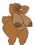 anthro avian beak big_breasts breasts brown_body brown_feathers covered_eyes erect_nipples feathers female hand_on_head hi_res huge_breasts nipples nude slightly_chubby solo sssonic2 thick_thighs wide_hips