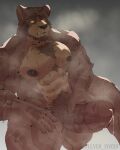 anthro balls bear biceps bodily_fluids cum genital_fluids genitals hi_res leaking_cum male mammal muscular muscular_anthro muscular_male nipples penis scar scars_all_over silver_foxxo solo vein veiny_penis