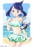  1boy 1girl :o amethio_(pokemon) bare_arms blue_eyes blush border cloud collarbone commentary_request cowboy_shot cowlick day eyelashes hand_up highres liko_(pokemon) midriff navel oka_3776 open_mouth outdoors outside_border pokemon pokemon_(anime) pokemon_horizons sand shore sky sparkle swimsuit twitter_username water white_border 