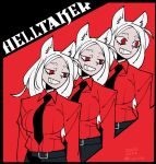  3girls animal_ears black_neckwear black_pants breasts cerberus_(helltaker) dated dog_ears grin half-closed_eyes helltaker kraftwerk looking_to_the_side mado_(mukade_tou) medium_breasts multiple_girls necktie pants red_eyes red_shirt shirt smile triplets twitter_username white_hair 