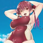 1girl armpit_crease armpits arms_behind_head arms_up bangs blue_sky blush breasts cloud commentary competition_swimsuit covered_navel day dutch_angle eyebrows_visible_through_hair from_below hair_ribbon heterochromia highres hololive houshou_marine large_breasts looking_at_viewer medium_hair one-piece_swimsuit open_mouth oshiruko_(oshiruco_212048) outdoors red_eyes red_hair red_ribbon red_swimsuit ribbon sky smile solo standing swimsuit teeth twintails virtual_youtuber yellow_eyes 