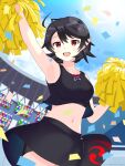  1girl :d adapted_costume ahoge alternate_costume arm_up armpits bike_shorts black_hair black_shirt black_skirt breasts cheerleader confetti cowboy_shot crop_top highres holding holding_pom_poms houjuu_nue looking_at_viewer medium_breasts midriff miniskirt navel no_wings open_mouth pointy_ears pom_pom_(cheerleading) red_eyes sanity3519_(user_mvfv4345) shirt short_hair shorts shorts_under_skirt skirt sleeveless sleeveless_shirt smile solo stadium standing tank_top thighs touhou touhou_lost_word 