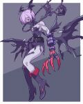  1girl adapted_costume belt black_bodysuit blonde_hair bodysuit breasts chain colored_skin cosplay covered_mouth demon_girl demon_wings digimon extra_eyes extra_hands futa_yuri_ryona grey_skin head_wings high_heels highres ladydevimon ladydevimon_(cosplay) lilith_aensland long_arms long_fingers mask mouth_mask red_eyes small_breasts solo torn_bodysuit torn_clothes vampire_(game) wings 