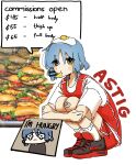  1girl absurdres alternate_costume bandaid bandaid_on_knee bandaid_on_leg blue_hair bocchi_the_rock! burger eating egg_(food) egg_hair_ornament egg_yolk english_text food food-themed_hair_ornament hair_ornament highres looking_at_viewer machuuu68 medium_hair mole mole_under_eye squatting tearing_up tears yamada_ryo yellow_eyes 