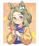  1girl air_messiah_(umamusume) animal_ears blush bow bowtie closed_mouth cropped_torso glasses green_hair hair_ornament hairclip holding holding_leaf horse_ears jacket leaf looking_at_viewer maple_leaf medium_hair ooishi_oil purple_eyes purple_shirt sailor_collar semi-rimless_eyewear shirt solo umamusume upper_body yellow_jacket 