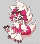  2016 3_fingers 3_toes ambiguous_gender battouga-sharingan black_claws blush claws fangs feral fingers fur grey_background hair lycanroc midnight_lycanroc nintendo open_mouth pawpads pok&eacute;mon pok&eacute;mon_(species) red_body red_eyes red_fur scratching signature simple_background solo toe_claws toes video_games white_body white_fur white_hair 