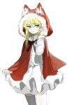  1984_(artist) 1girl black_souls blonde_hair blue_eyes cloak closed_mouth cowboy_shot dress expressionless fur-trimmed_cloak fur_trim hand_up highres hood hooded_cloak long_sleeves looking_at_viewer red_cloak red_hood_(black_souls) simple_background skirt_hold solo thighhighs white_background white_dress white_thighhighs 