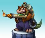  2017 activision anthro clothing crash_bandicoot_(series) crocodilian dingodile fire flamethrower male ranged_weapon reptile rock scalie signature simple_background solo veyz video_games weapon 